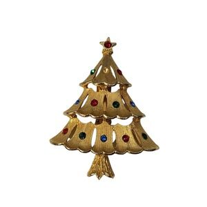 Vintage JJ Jonette gold‎ tone rhinestone holiday Christmas tree brooch pin